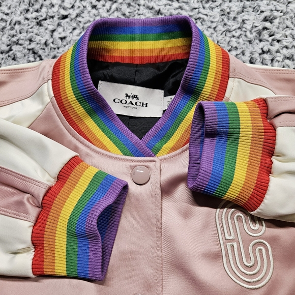 Coach Rainbow Souvenir Jacket M Medium Bomber Varsity Baby Pink Satin LGBTQ+ - Picture 4 of 16